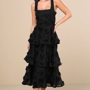 Lulus Exceptional Entrance Black Sleeveless Tiered Rosette Midi Dress - Size M